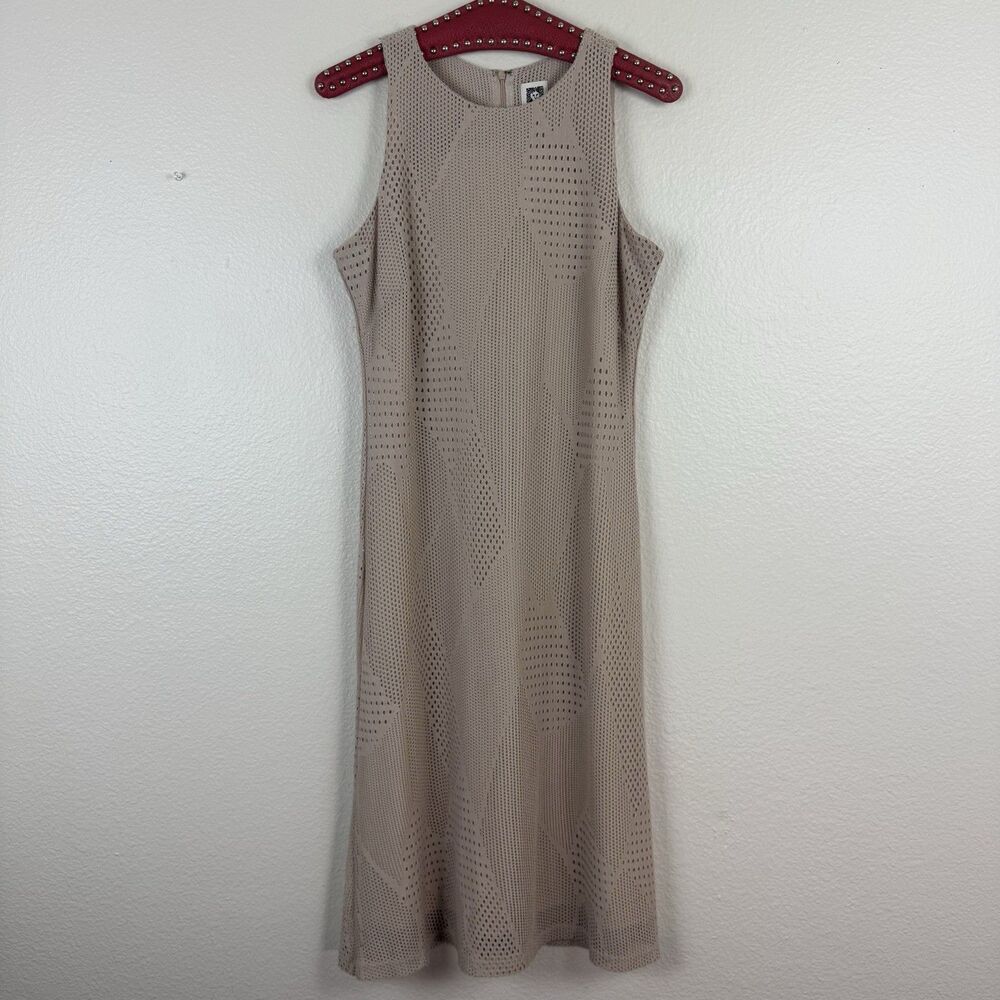 Anne Klein Open Knit Mesh Round Neck Sleeveless Midi Shift Dress Summer Beige 4